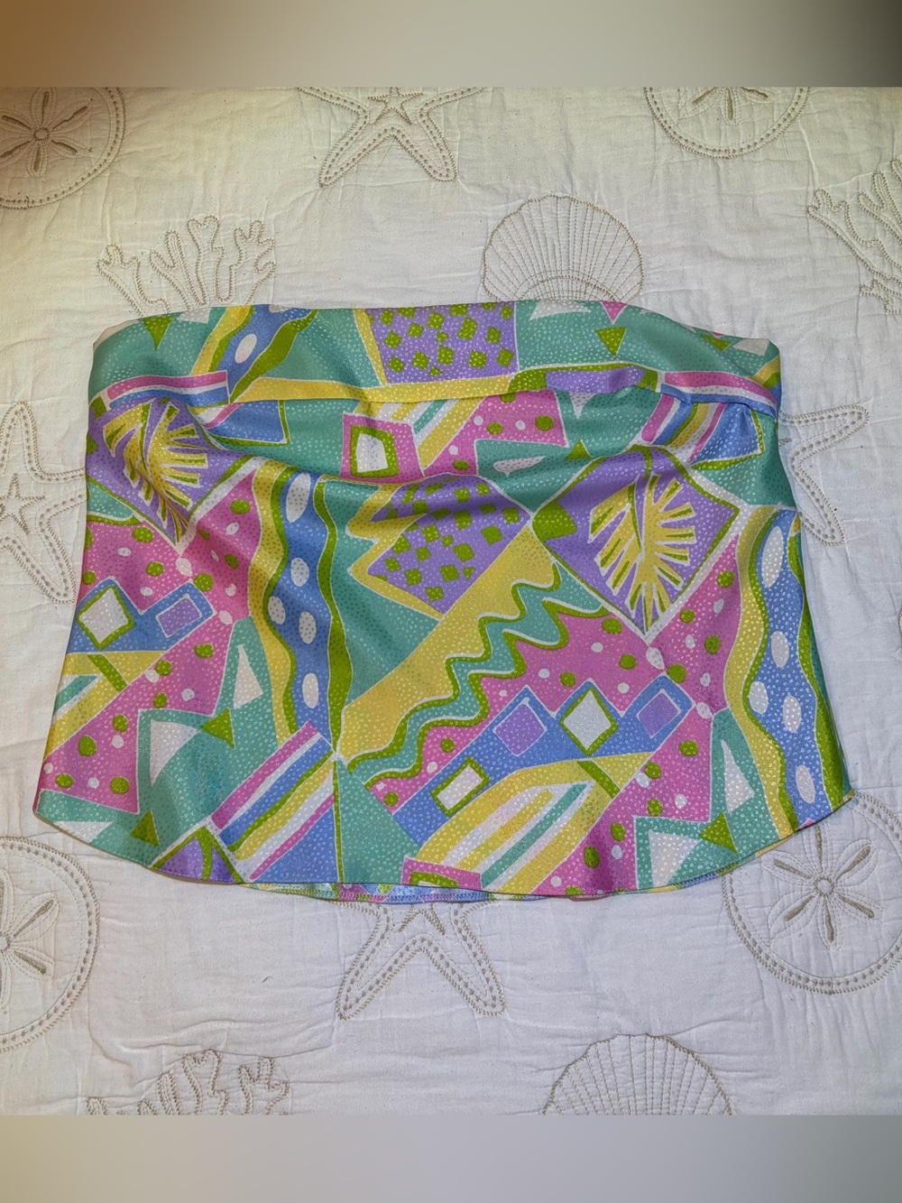 Lucie Anne II Pastel Miami Art Deco 1980’s Print Strapless Cami Top. Large (36)